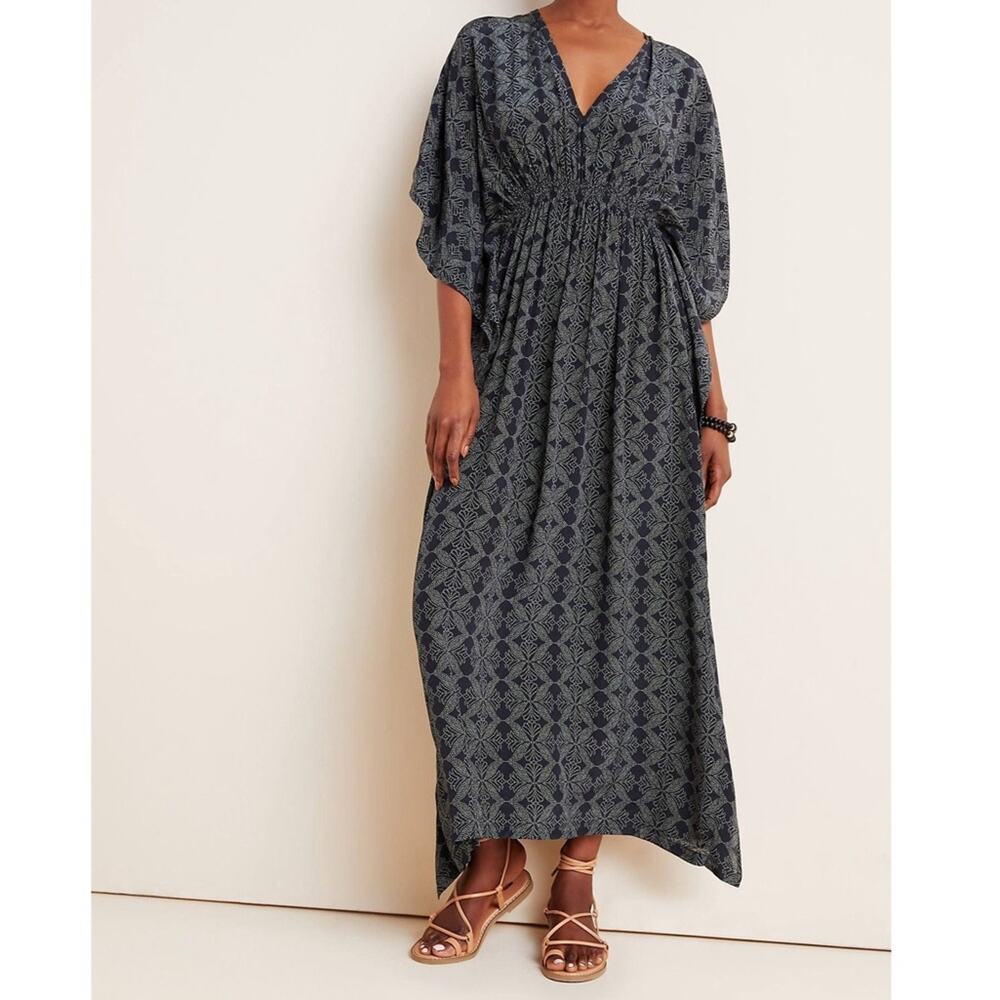 Rujuta Sheth Marie Cinch Kaftan Maxi Dress in Black Print One Size Resortwear
